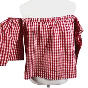 Elan, Red/White Gingham Check Crop Top, Small, Off Shoulder W/Short Bell Sleeves
